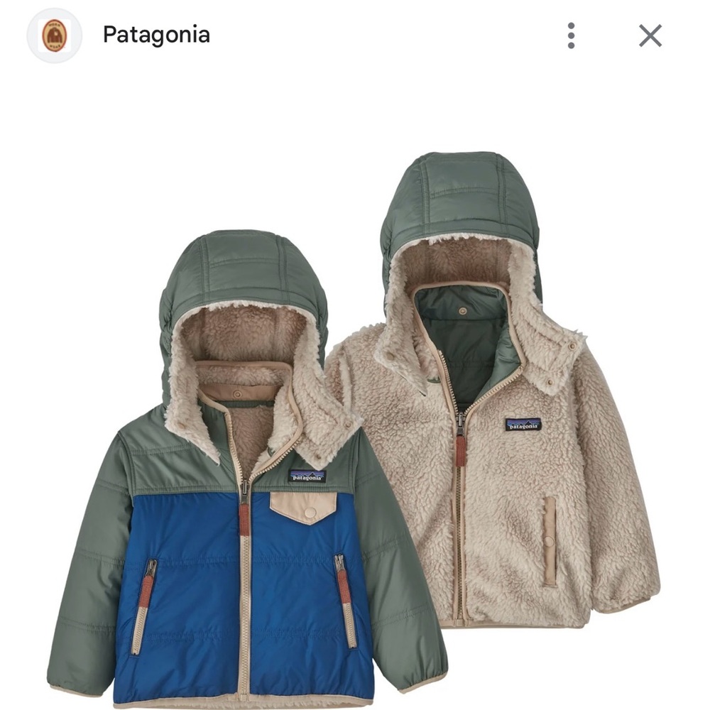 Patagonia Reversible Tribbles Hoody in Blue and Green with Tan Fleece